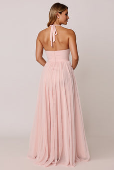 Candy Pink A Line Halter Pleated Long Bridesmaid Dress