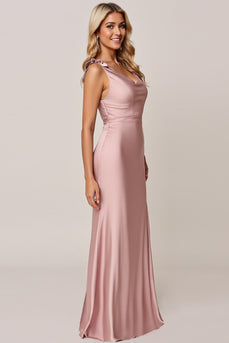 Candy Pink Sheath Satin Long Bridesmaid Dress with Slit