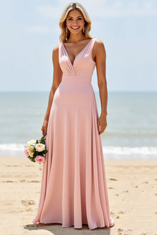 Blush Deep V-Neck A Line Long Bridesmaid Dress