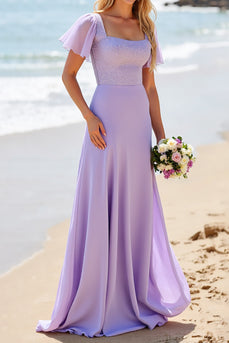 Lilac Satin A Line  Long Bridesmaid Dress with Beading