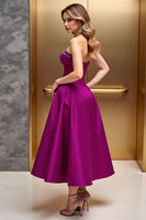 Load image into Gallery viewer, Fuchsia Corset A Line Satin Midi Cocktail Dress with Beading