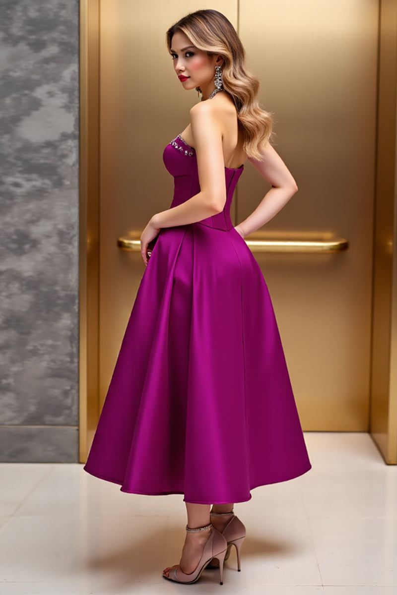 Load image into Gallery viewer, Fuchsia Corset A Line Satin Midi Cocktail Dress with Beading