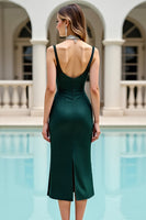 Load image into Gallery viewer, Pine Satin V Neck Beaded Midi Bodycon Homecoming Dress with Slit