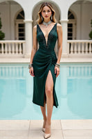 Load image into Gallery viewer, Pine Satin V Neck Beaded Midi Bodycon Homecoming Dress with Slit