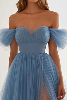 Grey Blue Off the Shoulder A Line Long Formal Dress with Slit