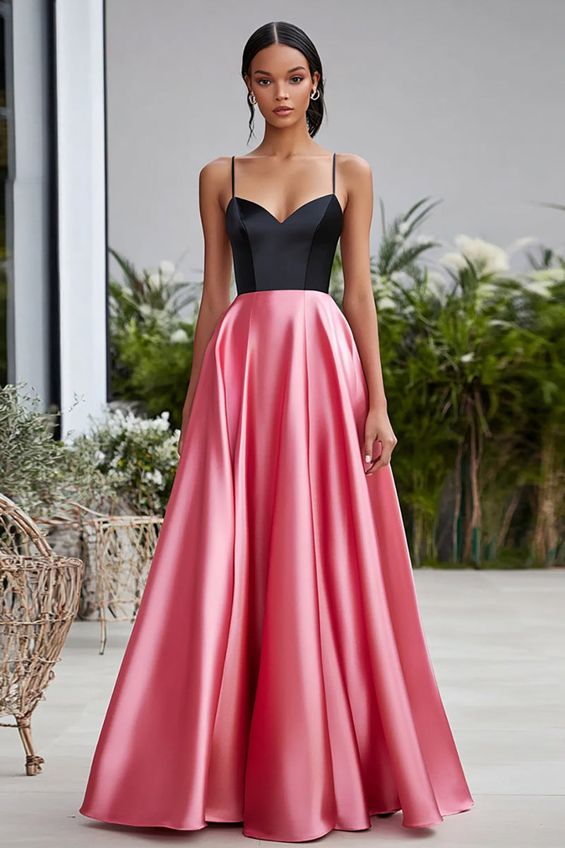 Load image into Gallery viewer, Black and Pink Satin Spaghetti Straps Long Ball Gown Prom Dress