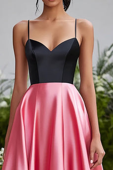 Black and Pink Satin Spaghetti Straps Long Ball Gown Prom Dress