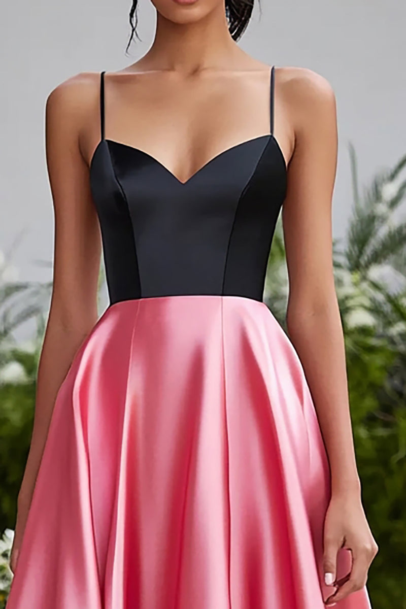 Load image into Gallery viewer, Black and Pink Satin Spaghetti Straps Long Ball Gown Prom Dress