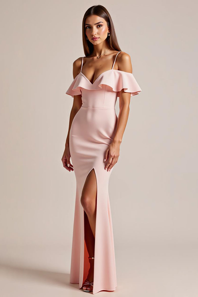 Load image into Gallery viewer, Pink Satin V Neck Long Sheath Prom Dress with Slit