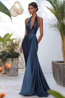 Load image into Gallery viewer, Grey Blue Satin Halter Long Mermaid Prom Dress