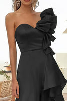Load image into Gallery viewer, Black One Shoulder A Line Long Satin Prom Dress with Ruffles