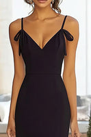 Load image into Gallery viewer, Black Sheath V Neck Long Satin Prom Dress with Slit