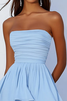 Sky Blue A Line Chiffon Ruched Strapless Short Cocktail Dress with Ruffles