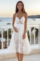 Load image into Gallery viewer, White Lace A Line Spaghetti Straps Midi Graduation Dress