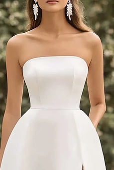 White Satin A Line Short Graduation Dress with Slit