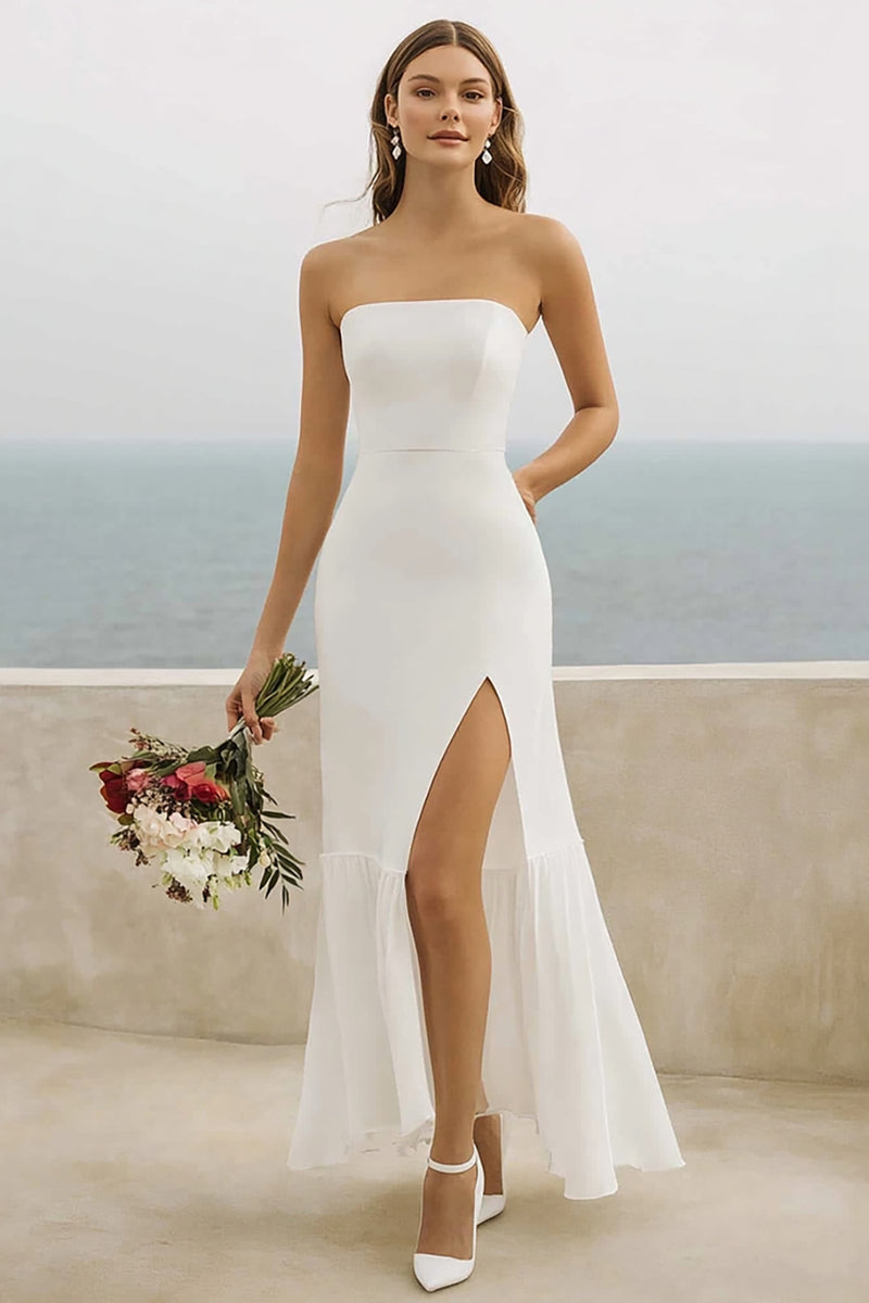 Queendancer Women White Long Engagement Dress with Slit Mermaid Chiffon  Strapless Formal Dress – queendancer