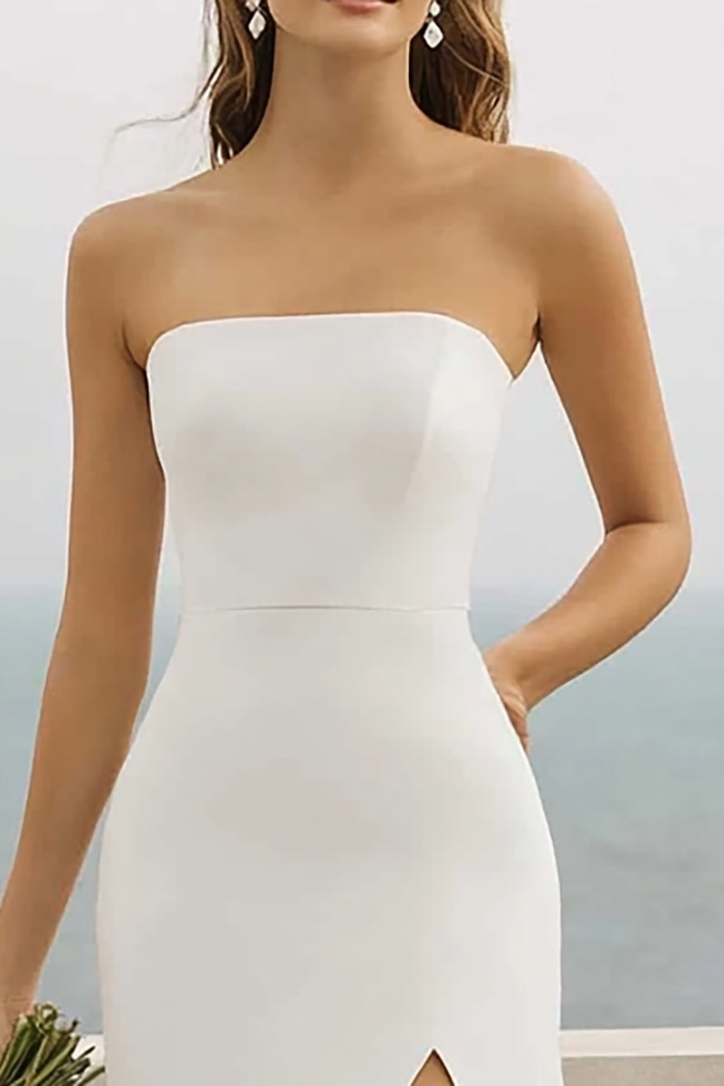 Queendancer Women White Long Engagement Dress with Slit Mermaid Chiffon Strapless Formal Dress queendancer Queendancer Women White Long Engagement Dress with Slit Mermaid Chiffon Strapless Formal Dress queendancer