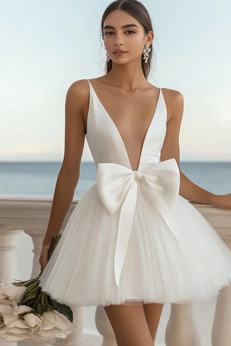 Load image into Gallery viewer, White Tulle Deep V Neck Short A-Line Graduation Dress with Bow