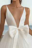 Load image into Gallery viewer, White Tulle Deep V Neck Short A-Line Graduation Dress with Bow
