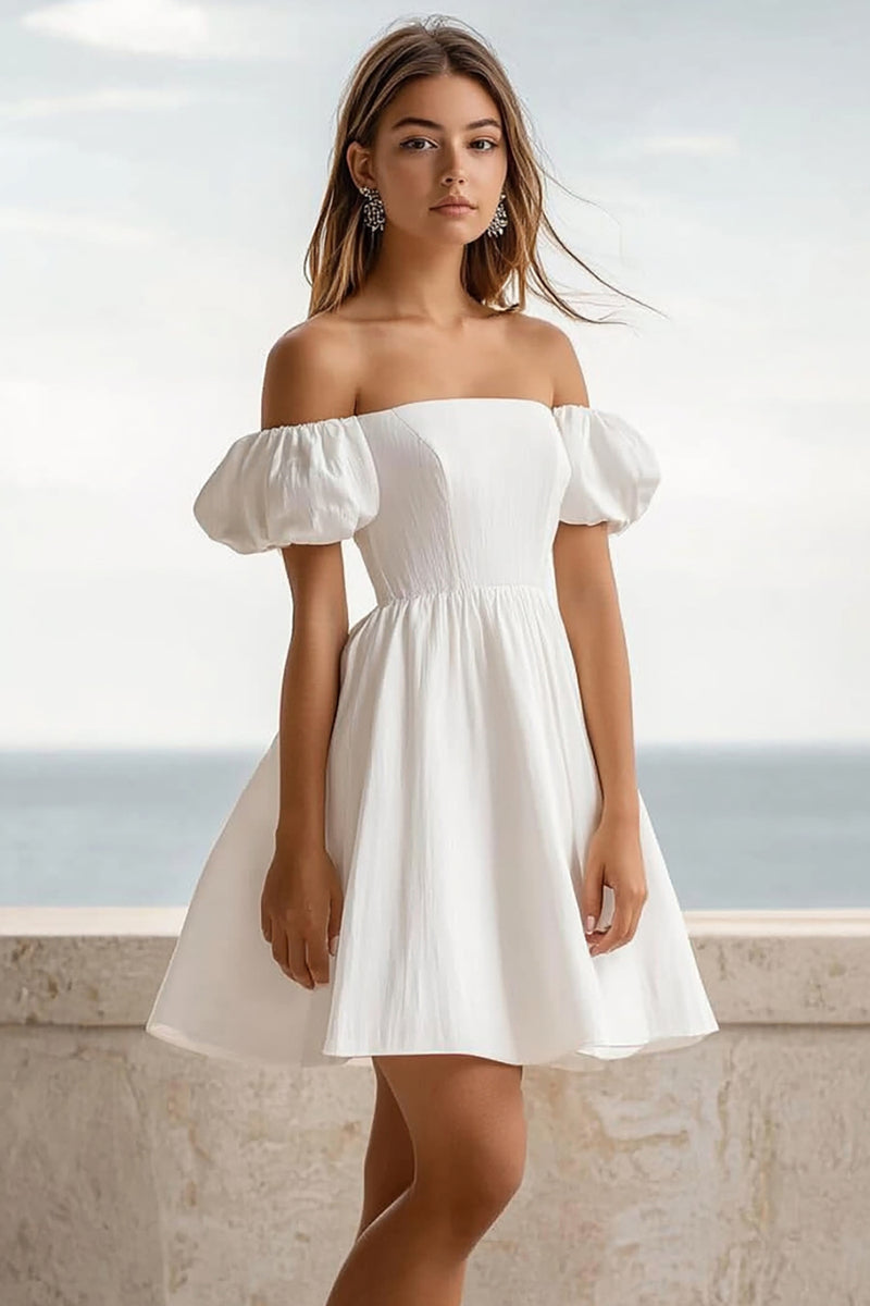 Load image into Gallery viewer, White Puff Sleeves A Line Short Graduation Dress