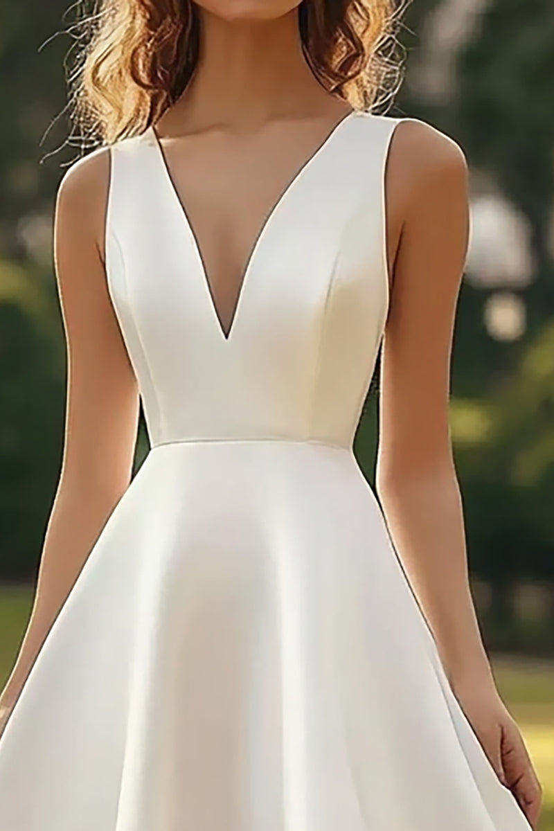 Load image into Gallery viewer, White Satin V Neck A Line Midi Graduation Dress
