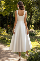Load image into Gallery viewer, White Satin Scoop Neck A Line Midi Graduation Dress