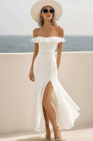 Load image into Gallery viewer, White Mermaid Chiffon Long Engagement Dress with Slit