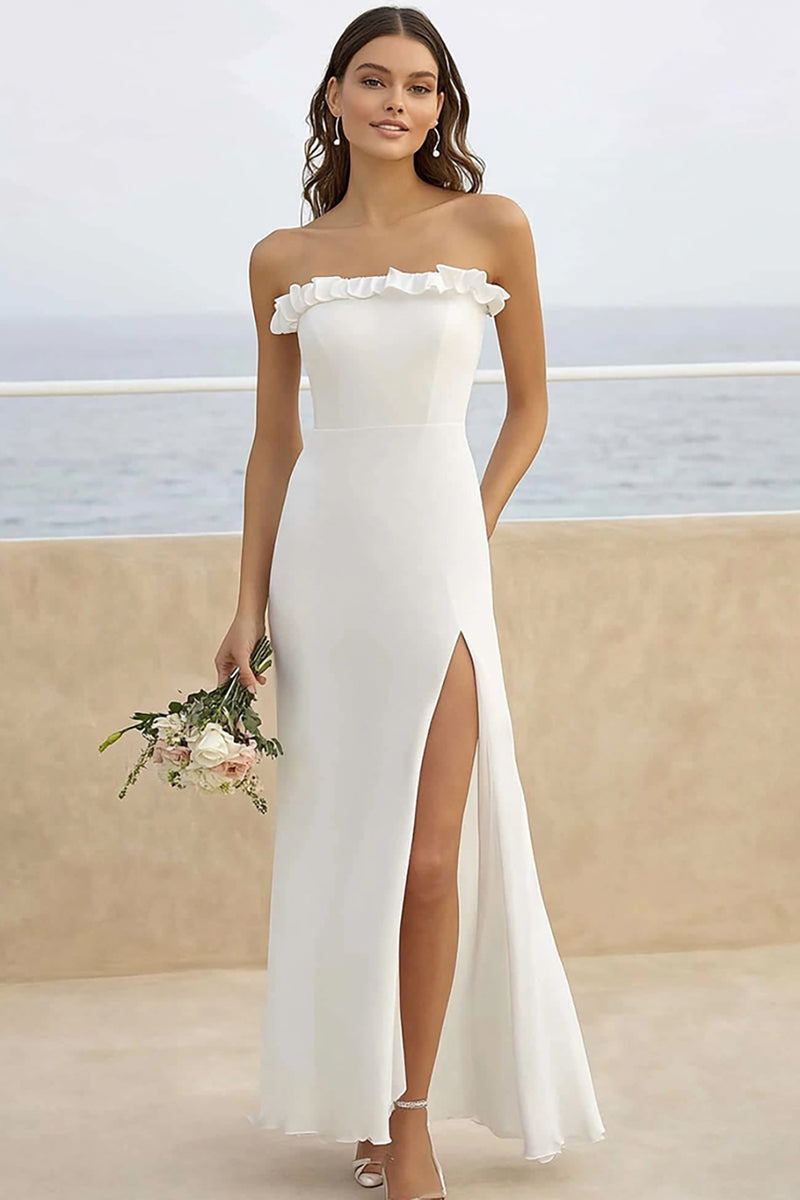 Load image into Gallery viewer, White Sheath Chiffon Long Engagement Dress with Slit