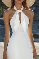 Load image into Gallery viewer, White A Line Chiffon Halter Midi Graduation Dress