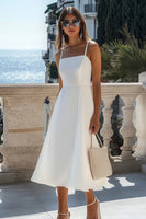 Load image into Gallery viewer, White Satin A Line Spaghetti Straps Midi Graduation Dress