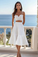 Load image into Gallery viewer, White Two Pieces Midi Graduation Dress with Lace