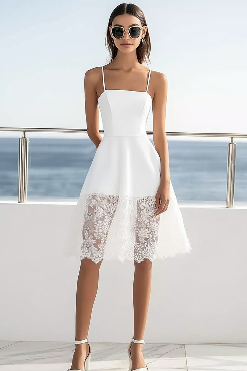 Load image into Gallery viewer, White Satin A Line Short Graduation Dress with Lace