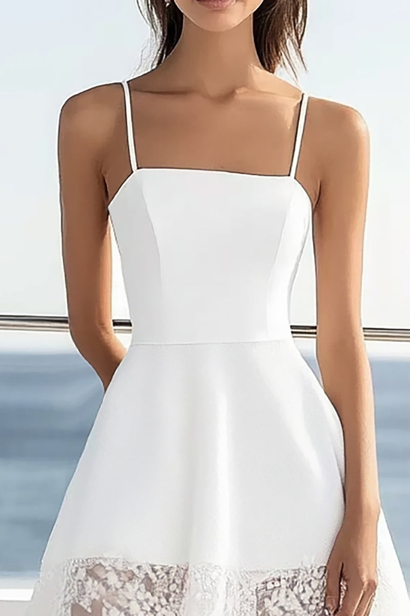 Load image into Gallery viewer, White Satin A Line Short Graduation Dress with Lace