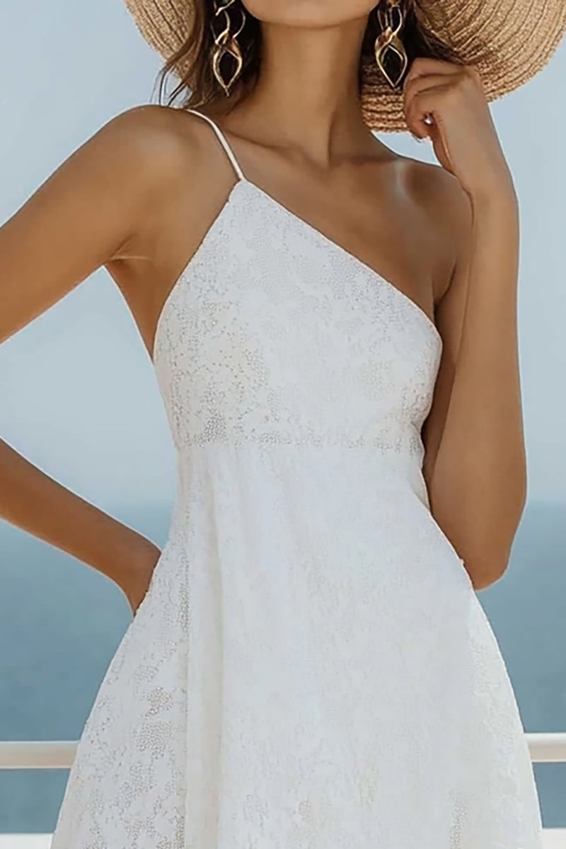 Load image into Gallery viewer, White Lace One Shoulder Asymmetrical Short Graduation Dress