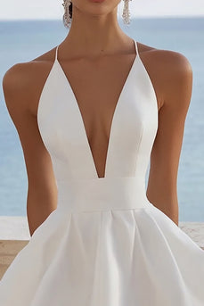 White Satin V Neck Ruched A-Line Short Graduation Dress