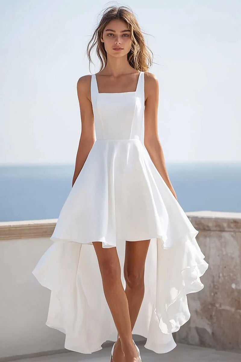 Load image into Gallery viewer, White Satin Square Neck High Low Graduation Dress with Ruffles