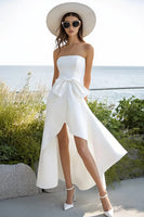 Load image into Gallery viewer, White Satin A Line High Low Graduation Dress with Bow