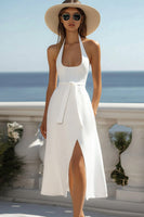 Load image into Gallery viewer, White Satin A Line Halter Midi Graduation Dress with Slit