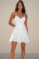 Load image into Gallery viewer, White A Line Lace Short Graduation Dress with Sash