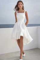 Load image into Gallery viewer, White Satin A Line Square Neck Short Graduation Dress with Ruffles