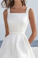 Load image into Gallery viewer, White Satin A Line Square Neck Short Graduation Dress with Ruffles