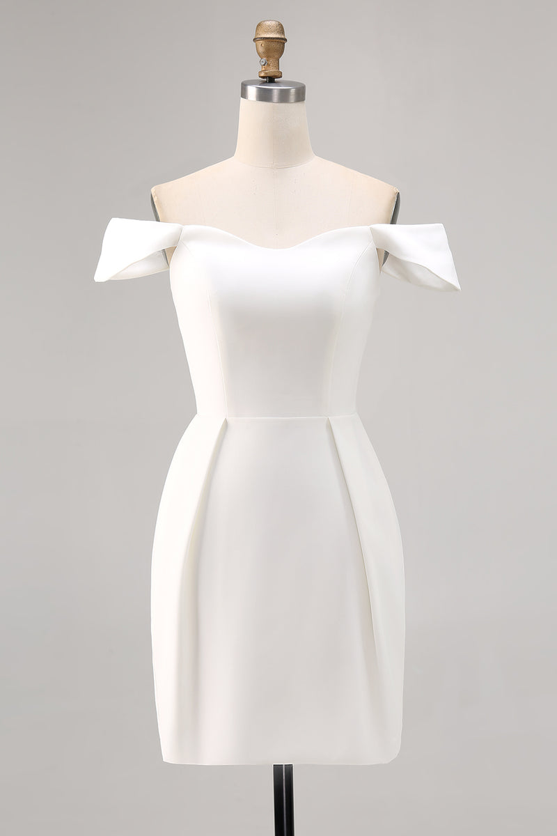 Load image into Gallery viewer, White Satin Off the Shoulder A Line Short Graduation Dress