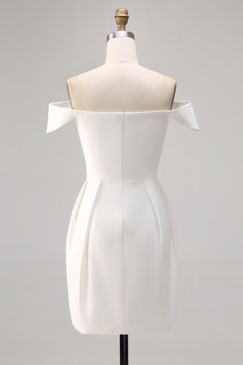 Load image into Gallery viewer, White Satin Off the Shoulder A Line Short Graduation Dress
