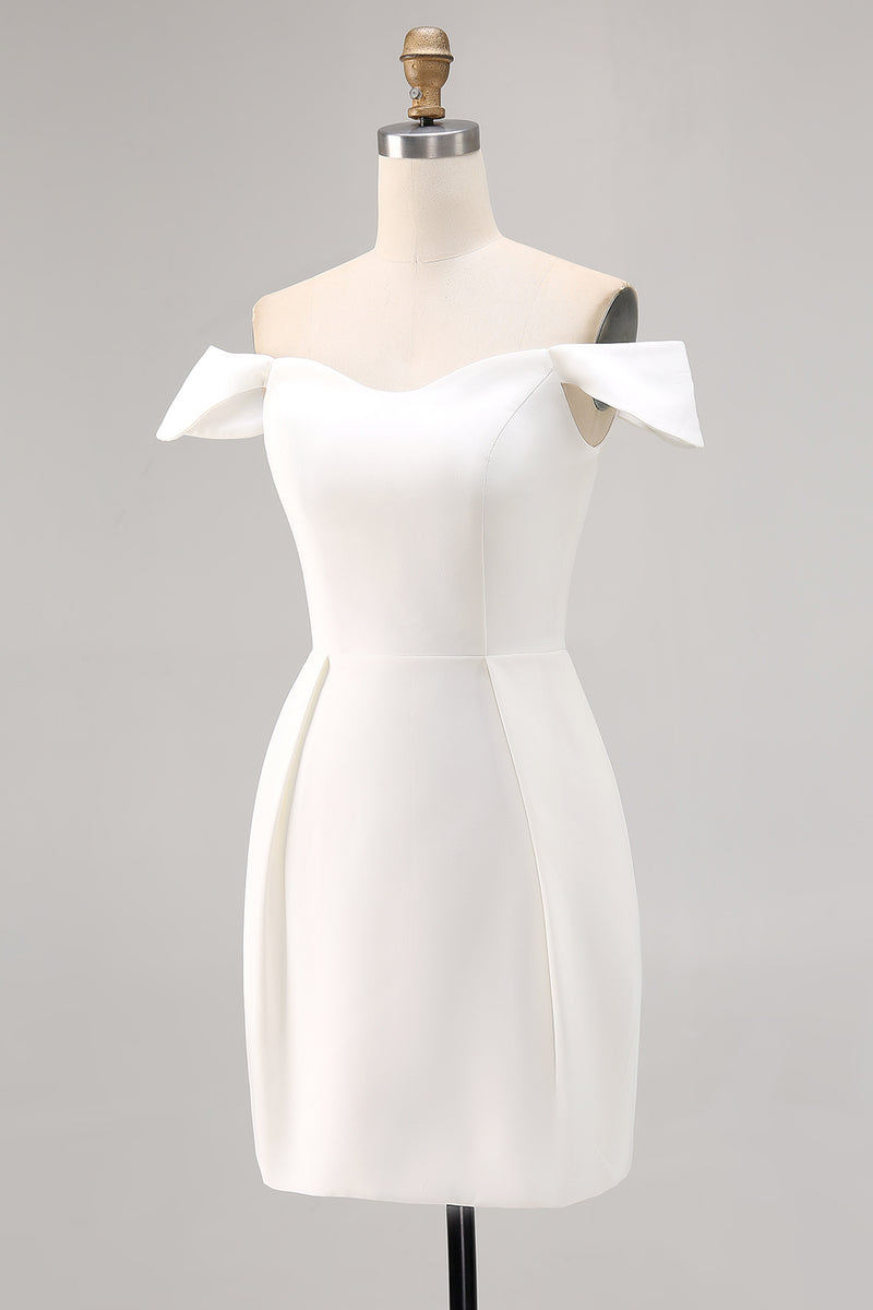 Load image into Gallery viewer, White Satin Off the Shoulder A Line Short Graduation Dress