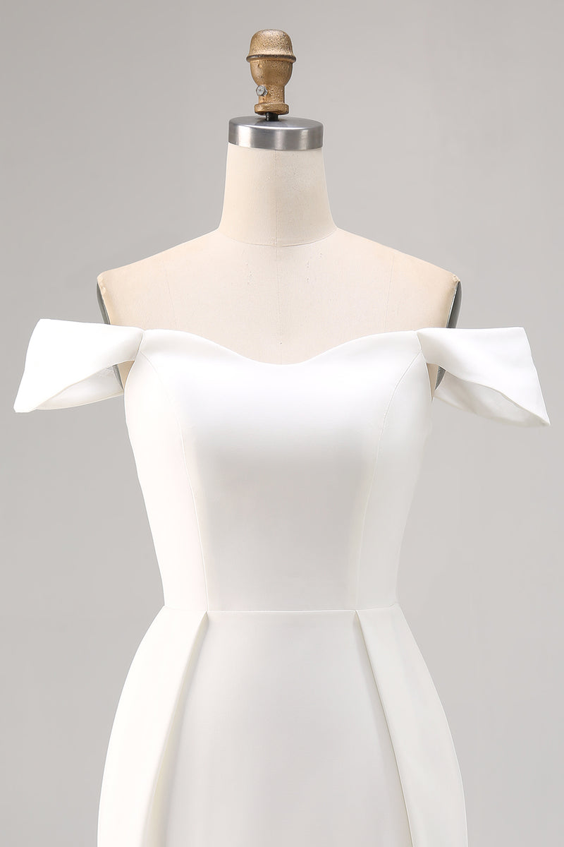 Load image into Gallery viewer, White Satin Off the Shoulder A Line Bridal Shower Dress