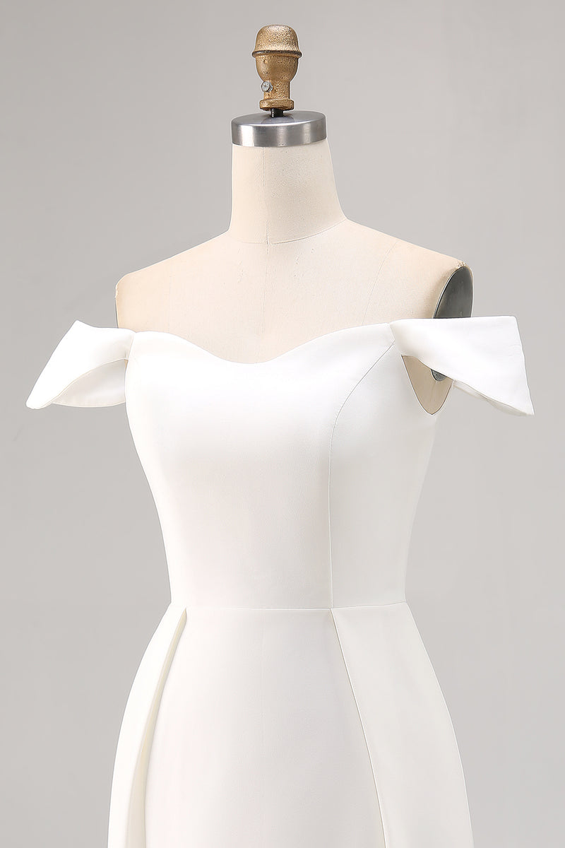 Load image into Gallery viewer, White Satin Off the Shoulder A Line Bridal Shower Dress