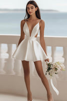 Load image into Gallery viewer, White Satin A-Line Cut Out Short Graduation Dress