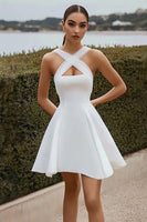Load image into Gallery viewer, White Satin A Line Crossed Straps Short Graduation Dress