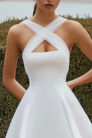 Load image into Gallery viewer, White Satin A Line Crossed Straps Short Graduation Dress