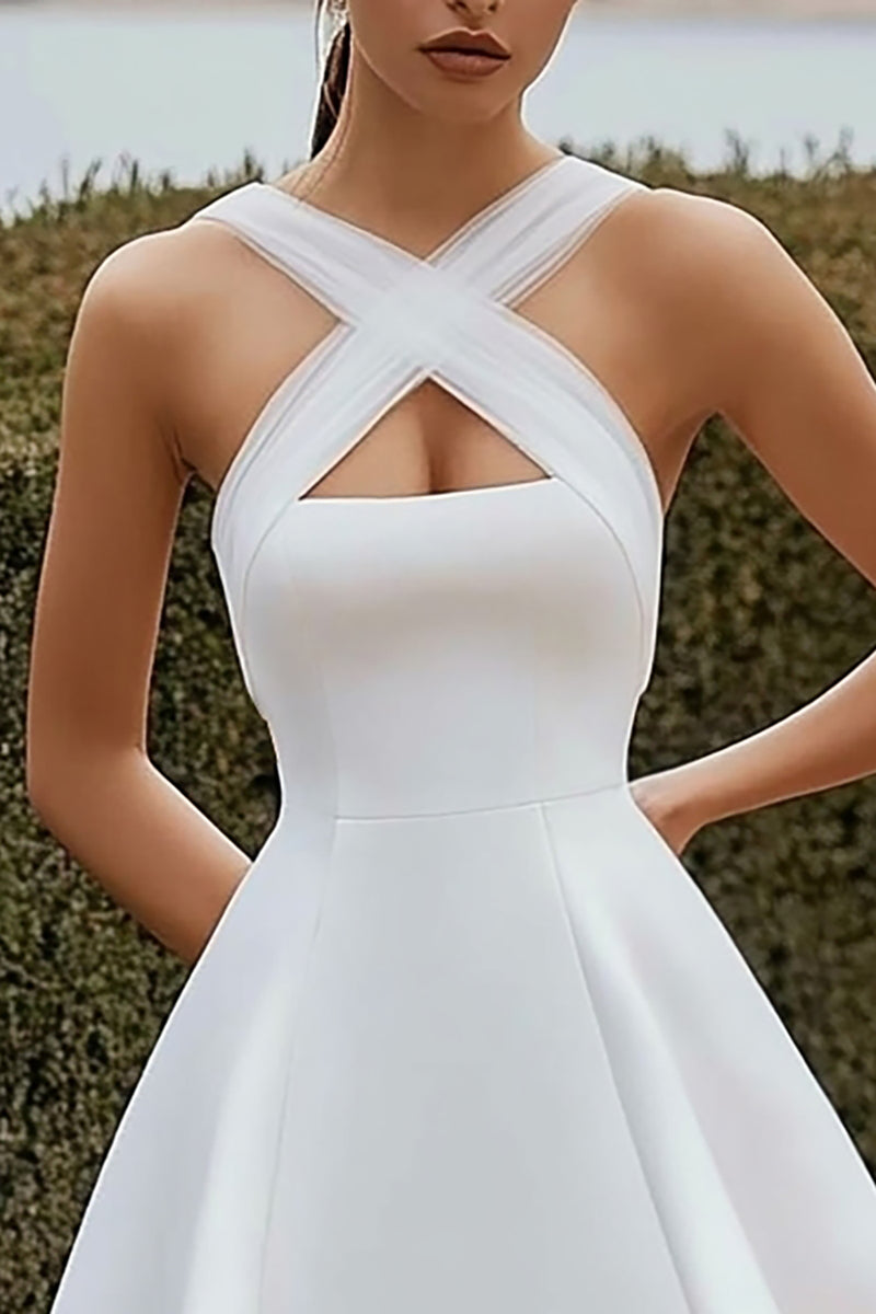Load image into Gallery viewer, White Satin A Line Crossed Straps Short Graduation Dress